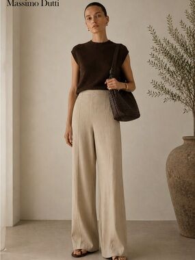 Massimo Dutti High-Rise Wide-Leg Pants in Light Beige